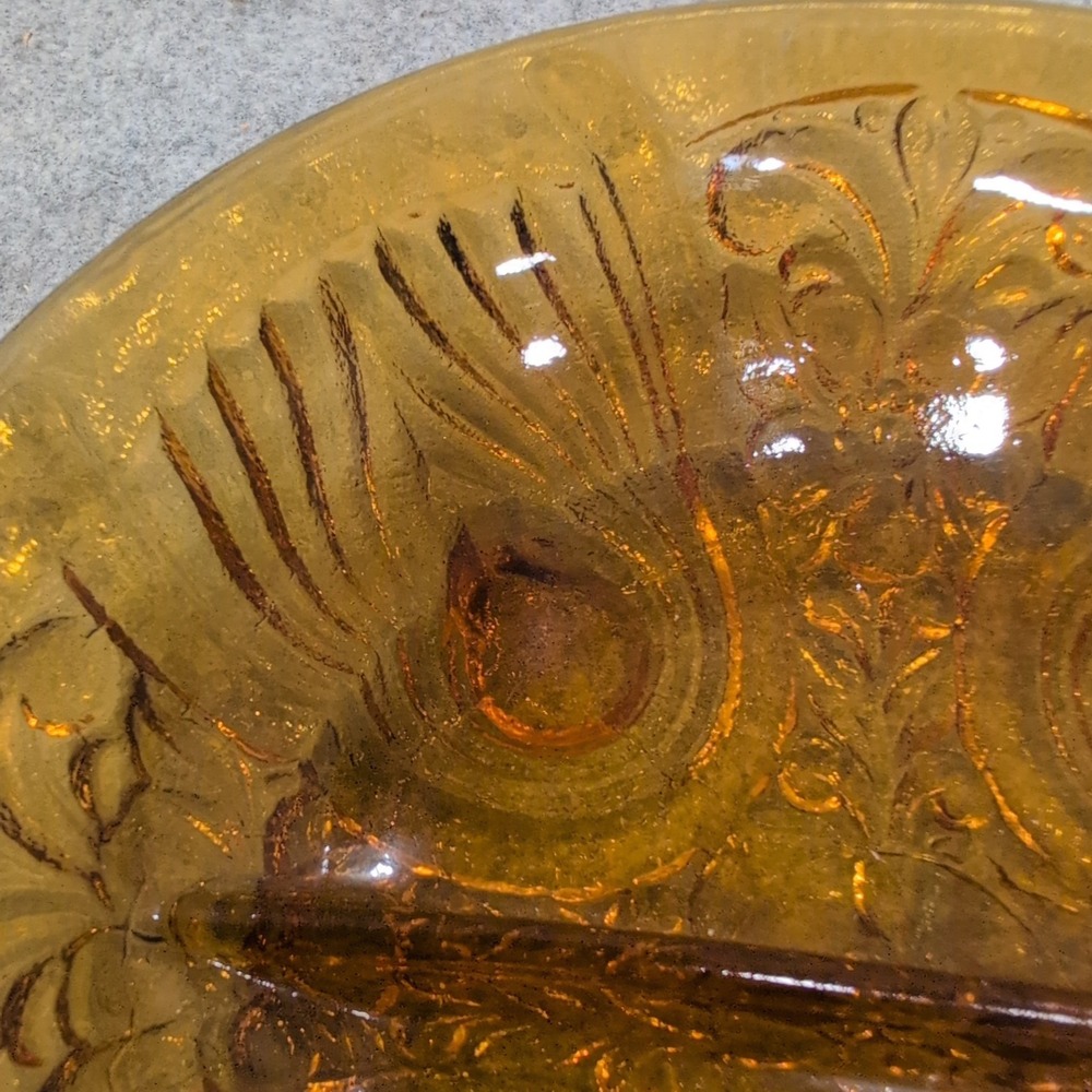 Vintage Amber Glass Divided Relish Dish Peacock Eye Pattern Tab Handle Serving - Picture 5 of 8